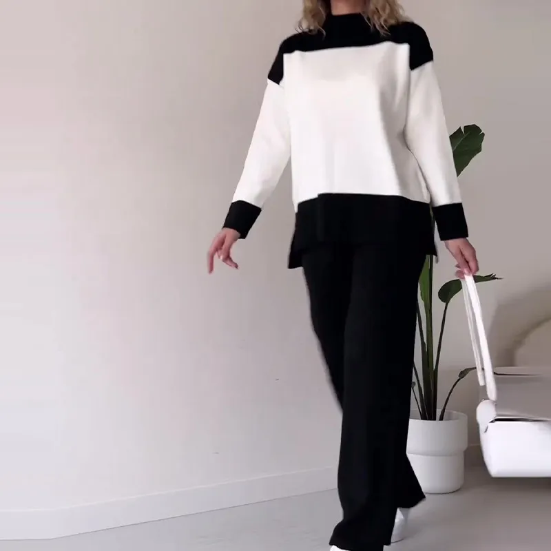 European And American Fashion Color Matching Top Loose All-match Wide Leg Pants Suit Women - Black