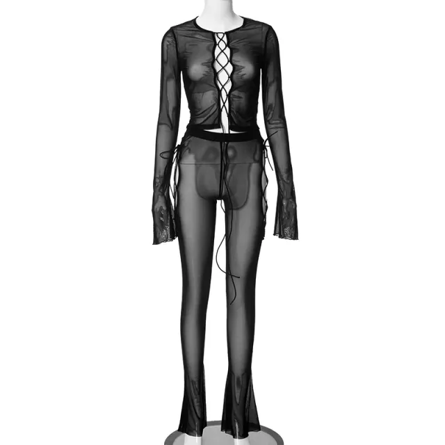 Sexy Lace up See through Mesh Tops Casual Trousers Black - Shop at LoveMi