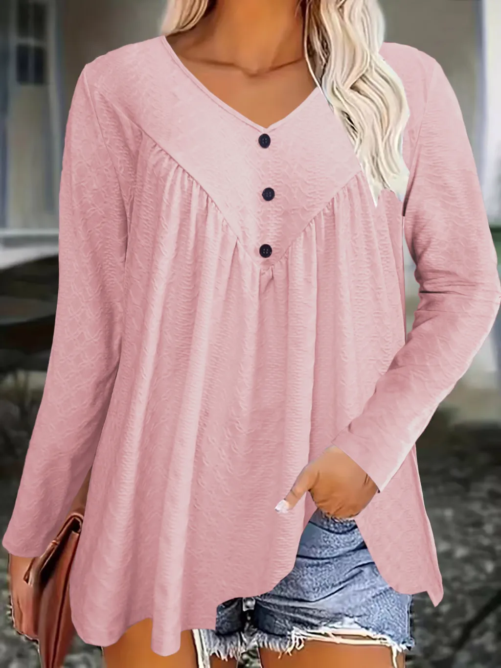 Women's Long Sleeve Casual V Neck Top - Pink
