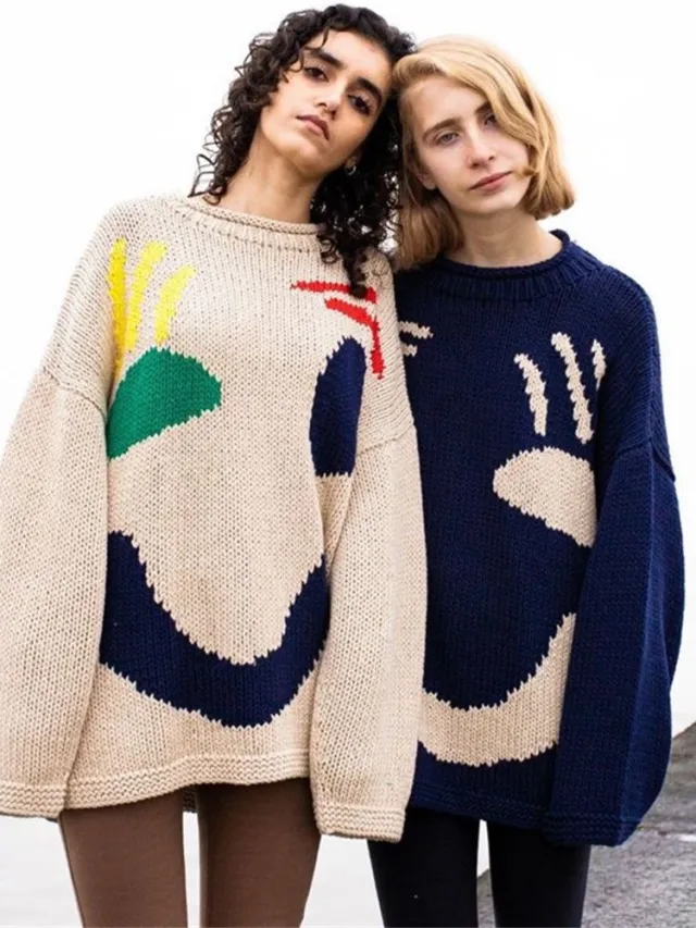 Women's Knitted Cartoon Pattern Pullover Crew Neck Sweater Beige - Shop at LoveMi