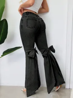 European And American Retro Three-dimensional Bow Slim-fit Mid-stretch Mop Horn Denim Trousers - Black - View 1