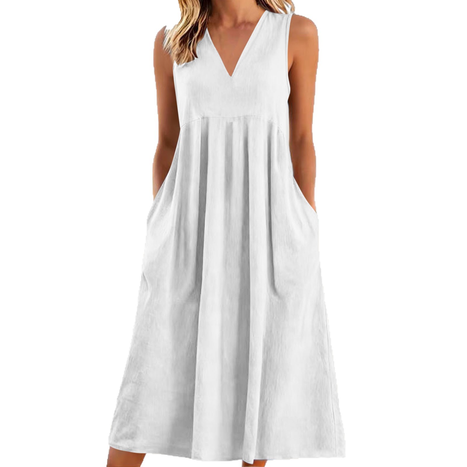Loose-fitting Cotton-linen Dress With A V-neck And No Sleeves