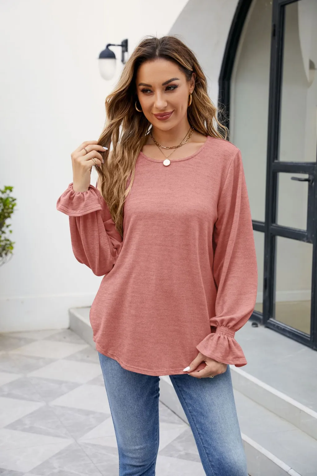 Autumn And Winter New Solid Color Round Neck Loose Long-sleeved T-shirt - Brick Red