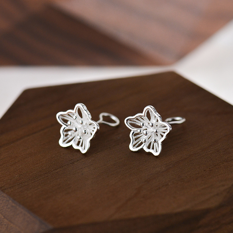 S999 Silver Stud Earrings Female Mori Hollow Flower