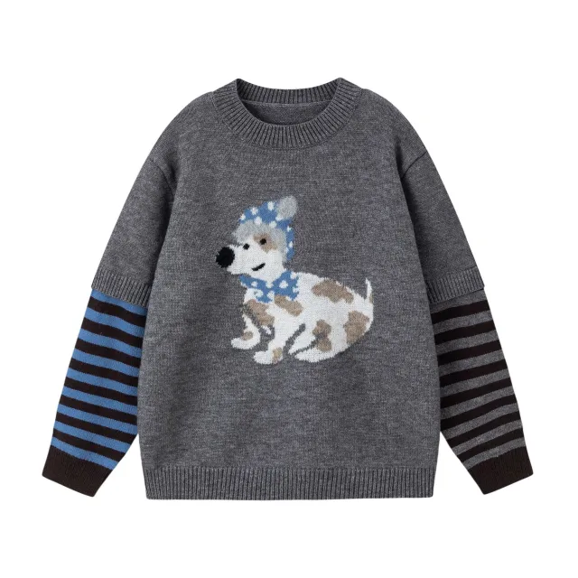 Autumn Dog Jacquard Fake Two Piece Loose Sweater Gray - Shop at LoveMi