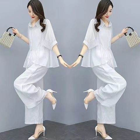Color: White, Size: L - Casual Chic Plus-size Wide-leg Pants Linen Two-piece Set With A Flowing Drape