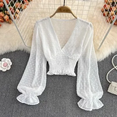 V neck Cross Slim Fit Polka Dot Chiffon Shirt Western Style Waist slimming Short White - Shop at LoveMi