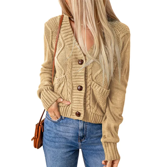 Summer Solid Color Knitted Cardigan Pocket Button Texture Long Sleeve Apricot - Shop at LoveMi
