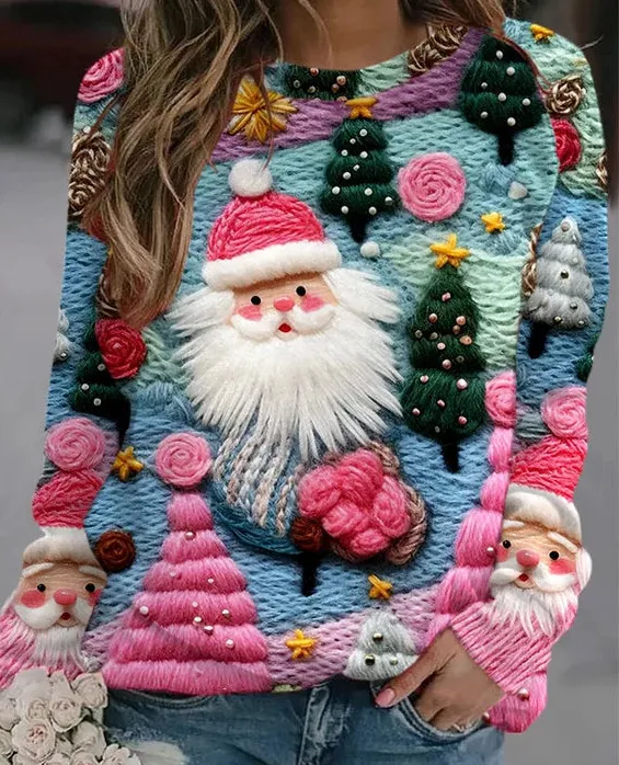 Autumn And Winter 3D Digital Printing Christmas Round Neck Top - Ofs231181607-2Xl