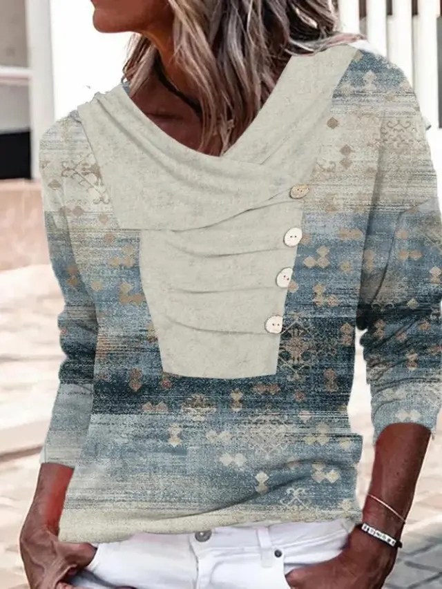Women's Long sleeved Lapel Button Loose Print T shirt Sweater 4 Style M - Shop at LoveMi