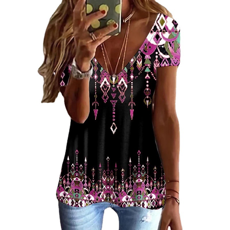 New 3D Map Printed Pattern V-neck Short Sleeve