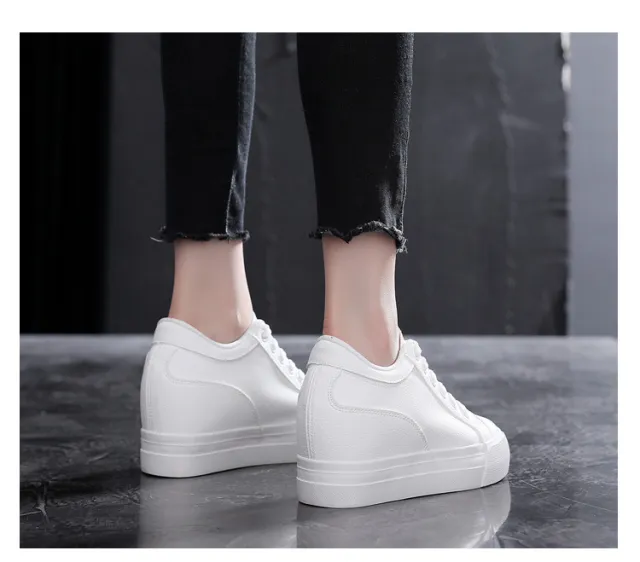 Soft Leather White Thick Bottom Height Increasing Insole Canvas Shoes White - Shop at LoveMi