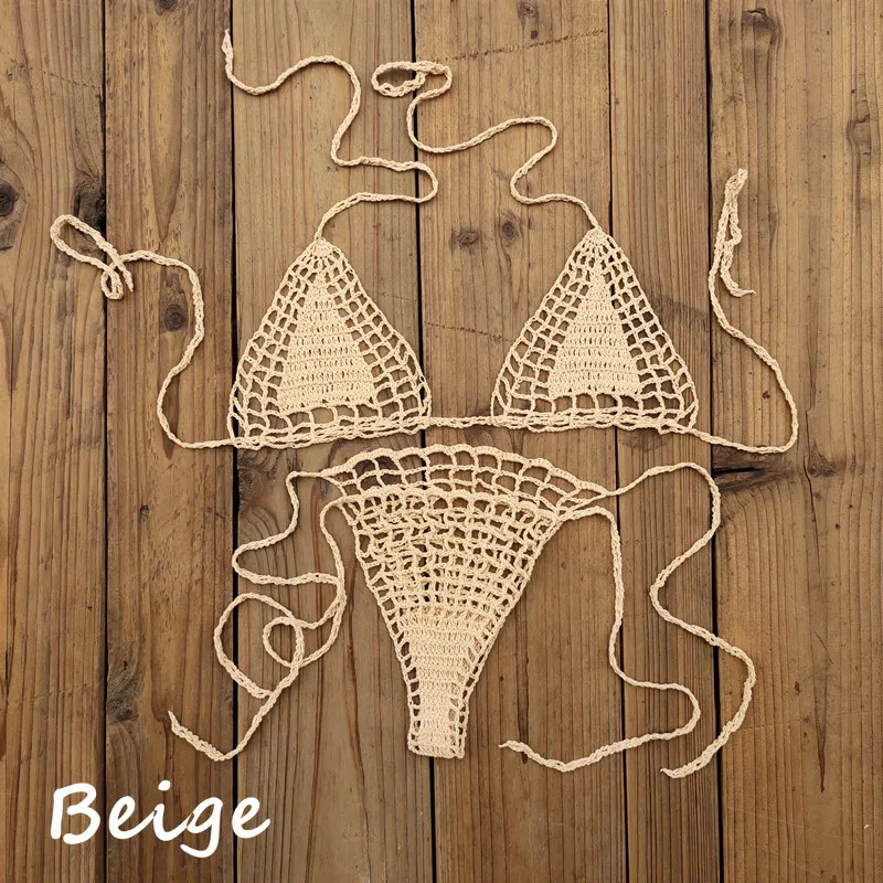 Handmade Crochet Mini Bikini Suit Beach Micro Swimsuit - Beige