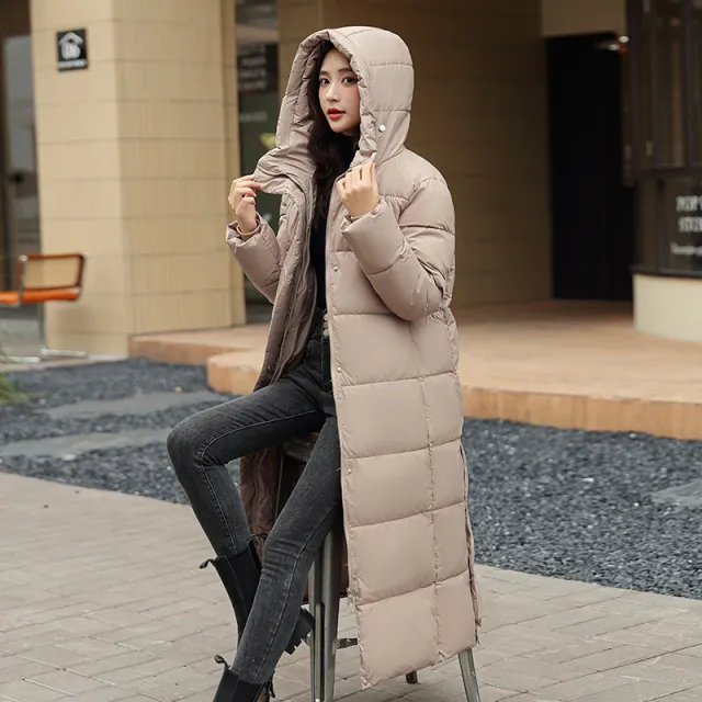 Women's Super Long Down Jacket Winter Puffer Thick Coat Black Red Hooded Zipper Keep Warm Fall Winter Casual Clothes Khaki - Shop at LoveMi