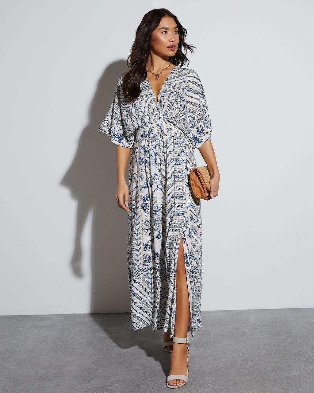 Printed Long Short Sleeve Printed V neck Dress White And Blue - Shop at LoveMi