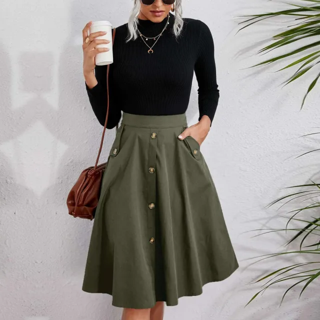 Women's Pocket Button Waist Elegant Midi Skirt Army Green - Shop at LoveMi