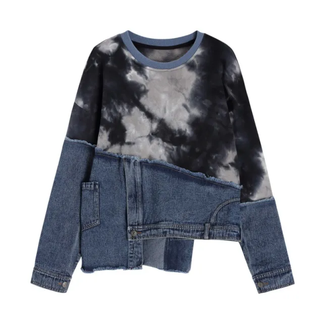 Personalized Color Tie dye Loose Denim Stitching Long sleeved Sweater Ins Black - Shop at LoveMi
