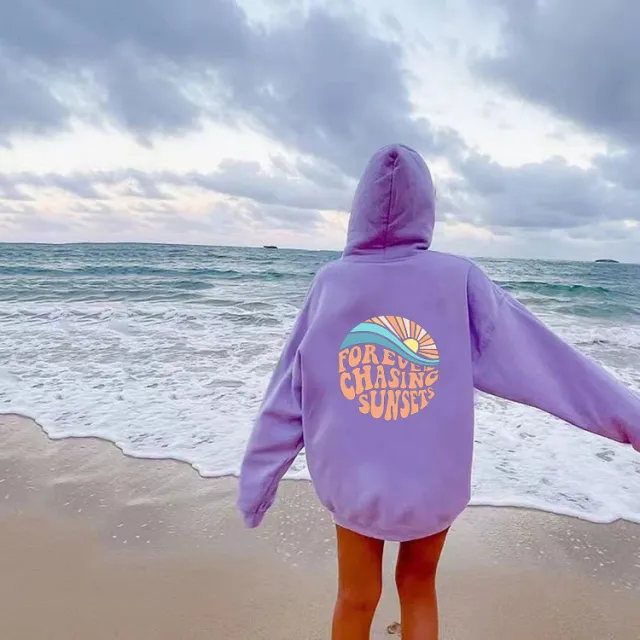 Fleece lined Sunset Print Kangaroo Pocket Drawstring Hoodie Purple - Shop at LoveMi