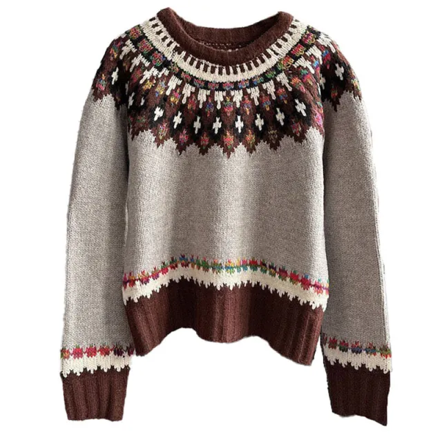 Retro Jacquard Sweater Women's Loose Casual Gray - Shop at LoveMi