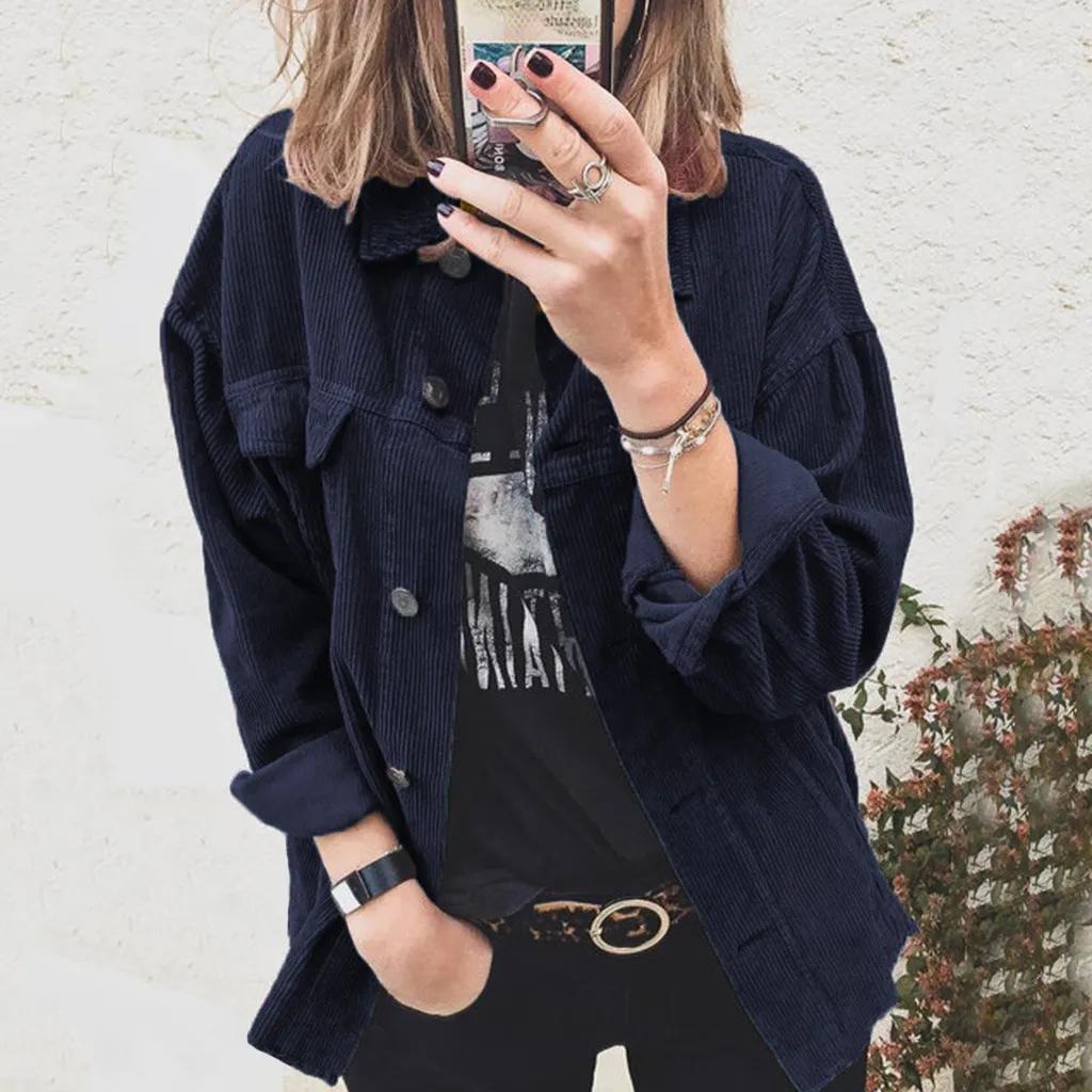 Autumn Corduroy Button Cardigan Long Sleeve Lapel Loose Thick Shirt For Women - Dark Blue