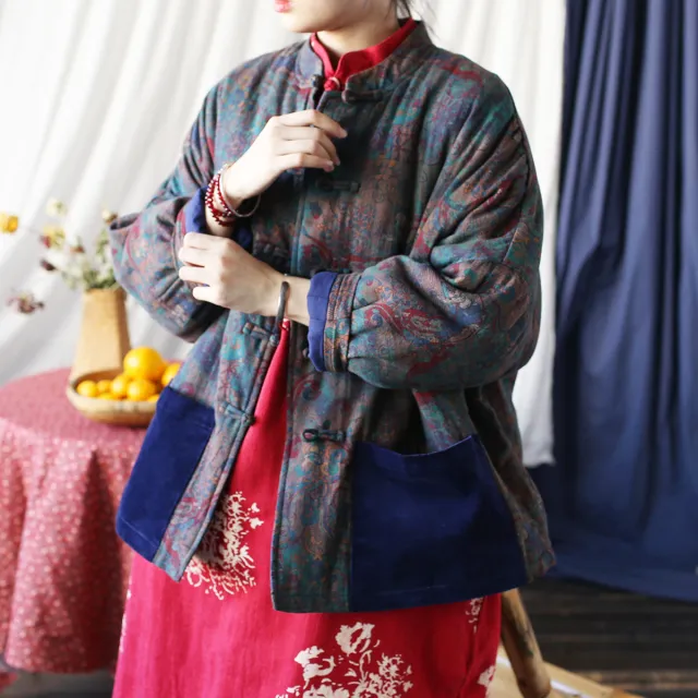 National Style Retro Stand Collar Long Sleeve Cotton Coat Dark Blue Blue Pocket - Shop at LoveMi