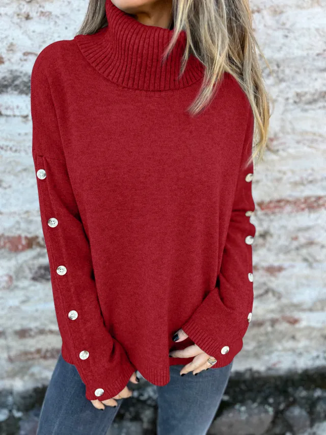 Casual Turtleneck Button Women's Sweater Red - Shop at LoveMi