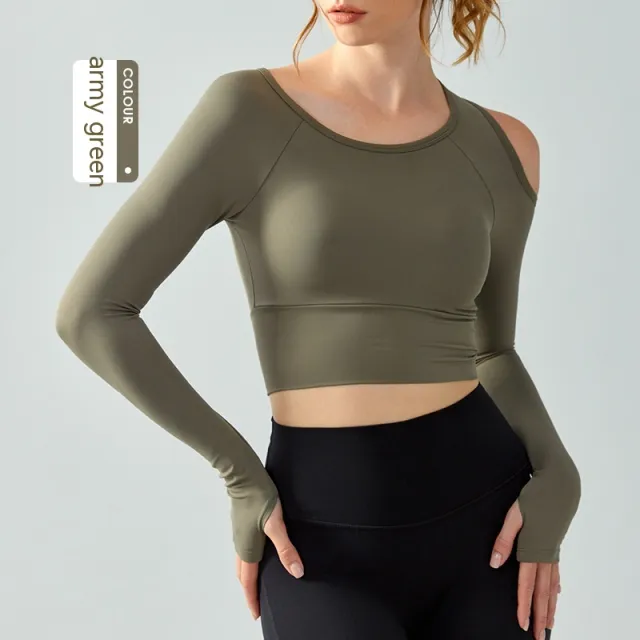 Round Neck Yoga Clothes Long Sleeve Women's Semi fixed Cup Tight Top Army Green - Shop at LoveMi