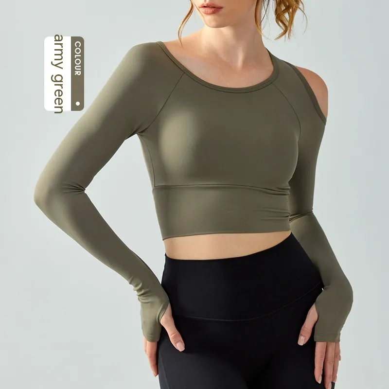Round Neck Yoga Clothes Long Sleeve Women's Semi-fixed Cup Tight Top - Army Green