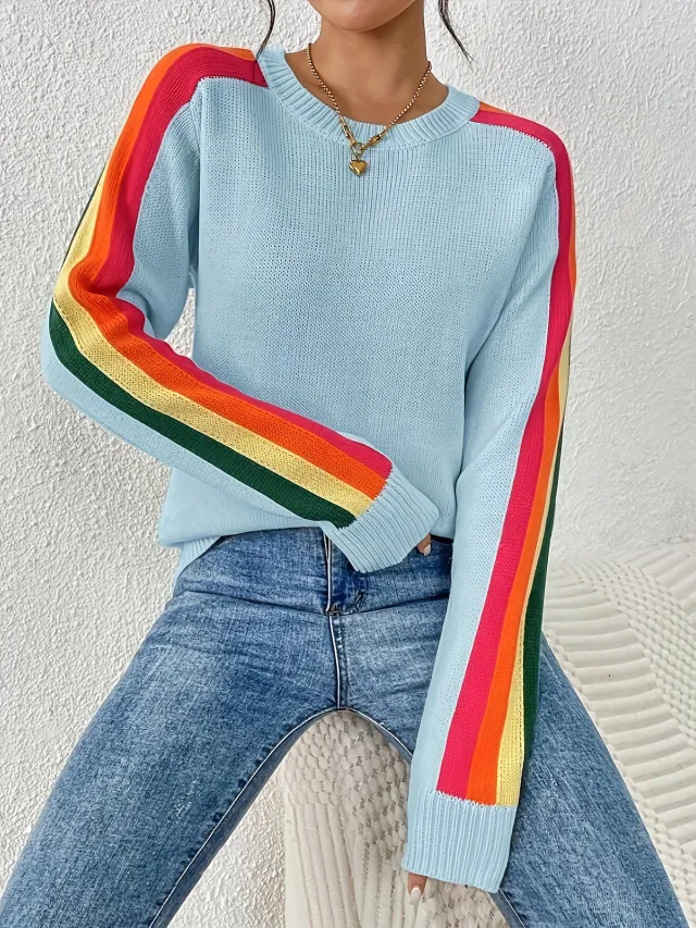 Versatile Round Neck Color blocked Loose Knit Pullover Blue - Shop at LoveMi