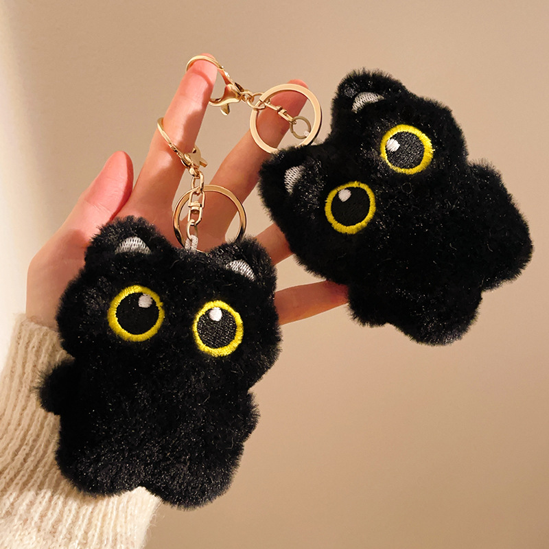 Squeaky Big-Eyed Black Cat Plush Toy Keychain