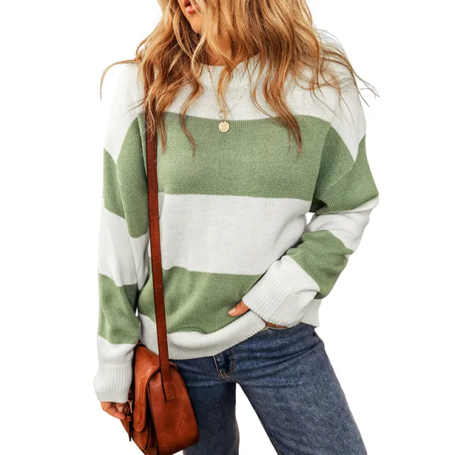 Women's Simple Wide Striped Round Neck Contrast Color Long sleeved Top Lc2724016 P19 L - Shop at LoveMi