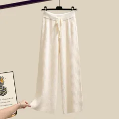 Three-piece Vest Thickened Sweater Wide-leg Pants Women's Suit - Apricot Trousers - View 1
