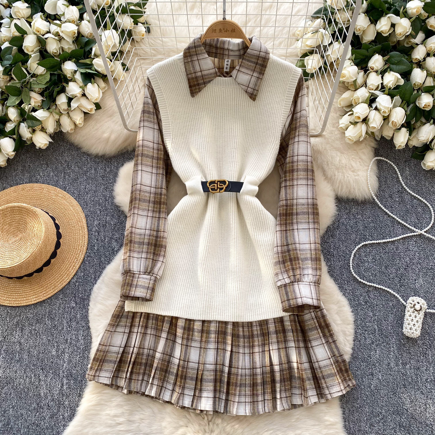 Women's Fashion Retro Color-contrast Check Suit