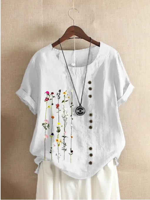 Retro Cotton And Linen Printed Loose Short sleeved Shirt For Women White - Shop at LoveMi
