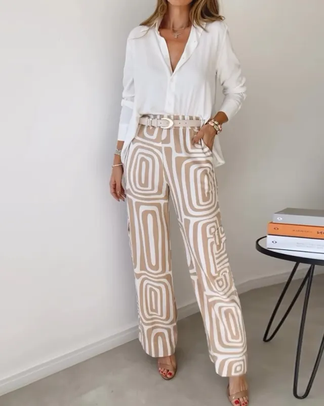 Women's Casual Long sleeved Lapel Shirt Printed Wide leg Pants Suit Khaki - Shop at LoveMi