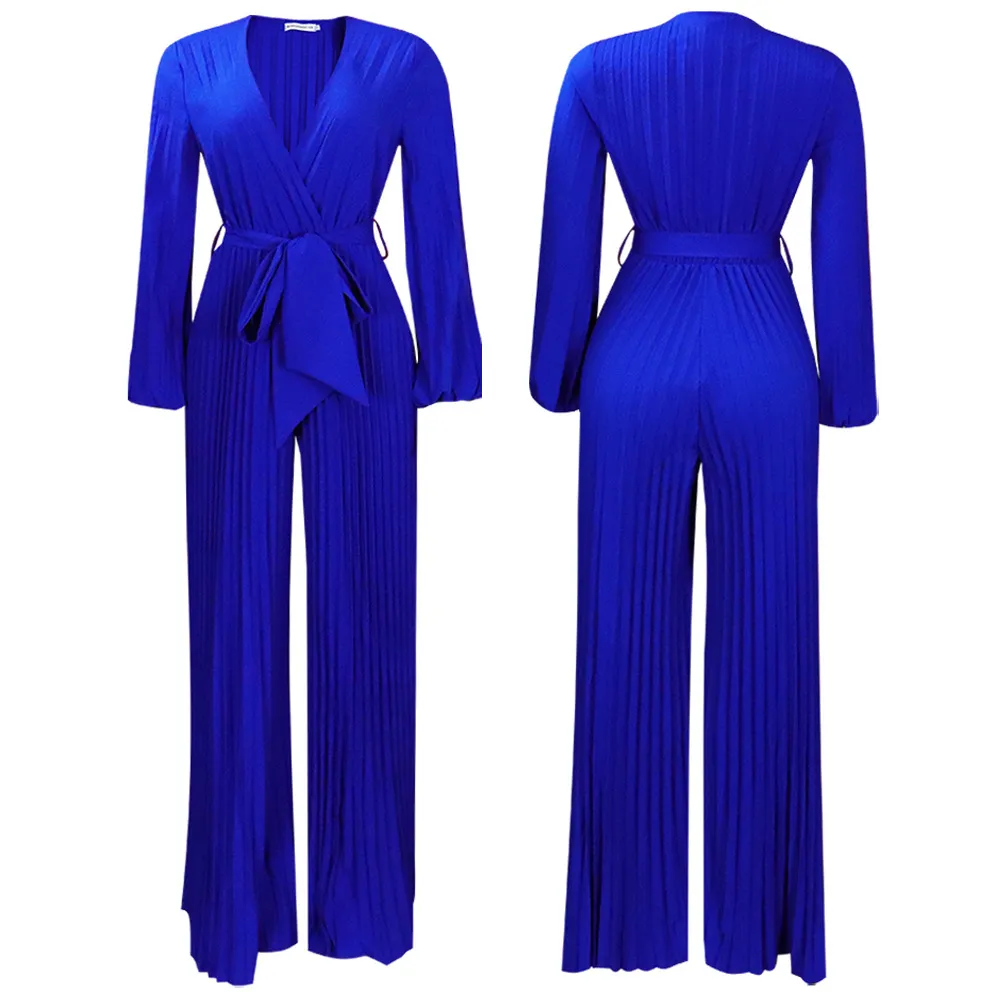 V-neck Lace Up Pleated Wide-leg Plus Size Jumpsuit - Blue