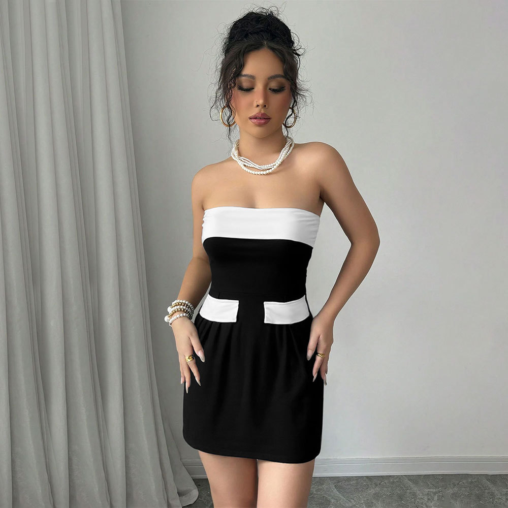 Sexy Socialite Style Dress Summer One shoulder Bustier Color blocked Mini Skirt Black - Shop at LoveMi