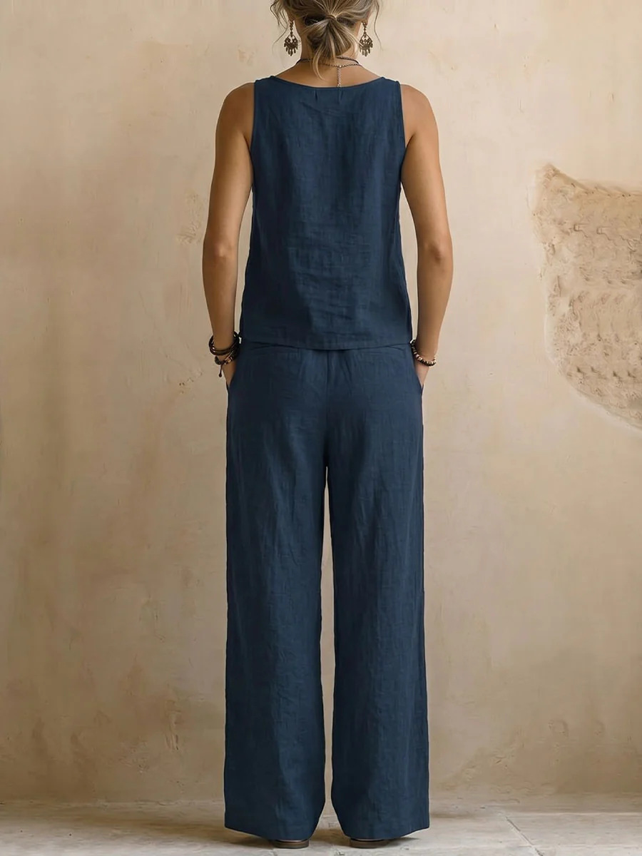 Women's cotton linen tank top and pants set in dark blue – breathable casual two-piece
