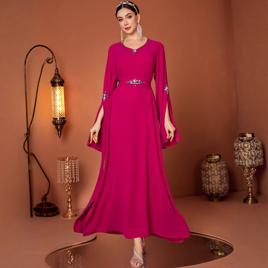 V neck Hand stitched Diamond Decorations Turkish Robe Dress Rose - Shop at LoveMi