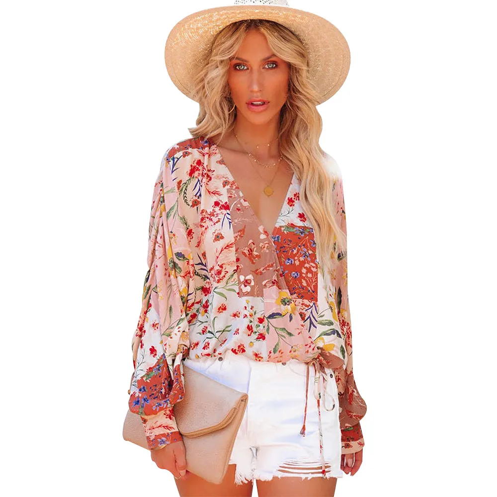 Spring And Summer Floral V-neck Long Sleeve Loose Casual Shirt - Floral