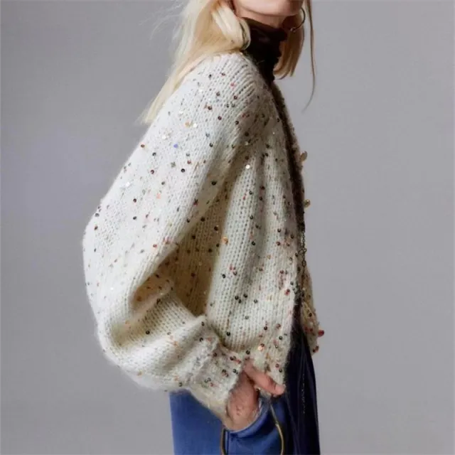 Retro Gray Sequins Sweater Cardigan Coat Beige - Shop at LoveMi