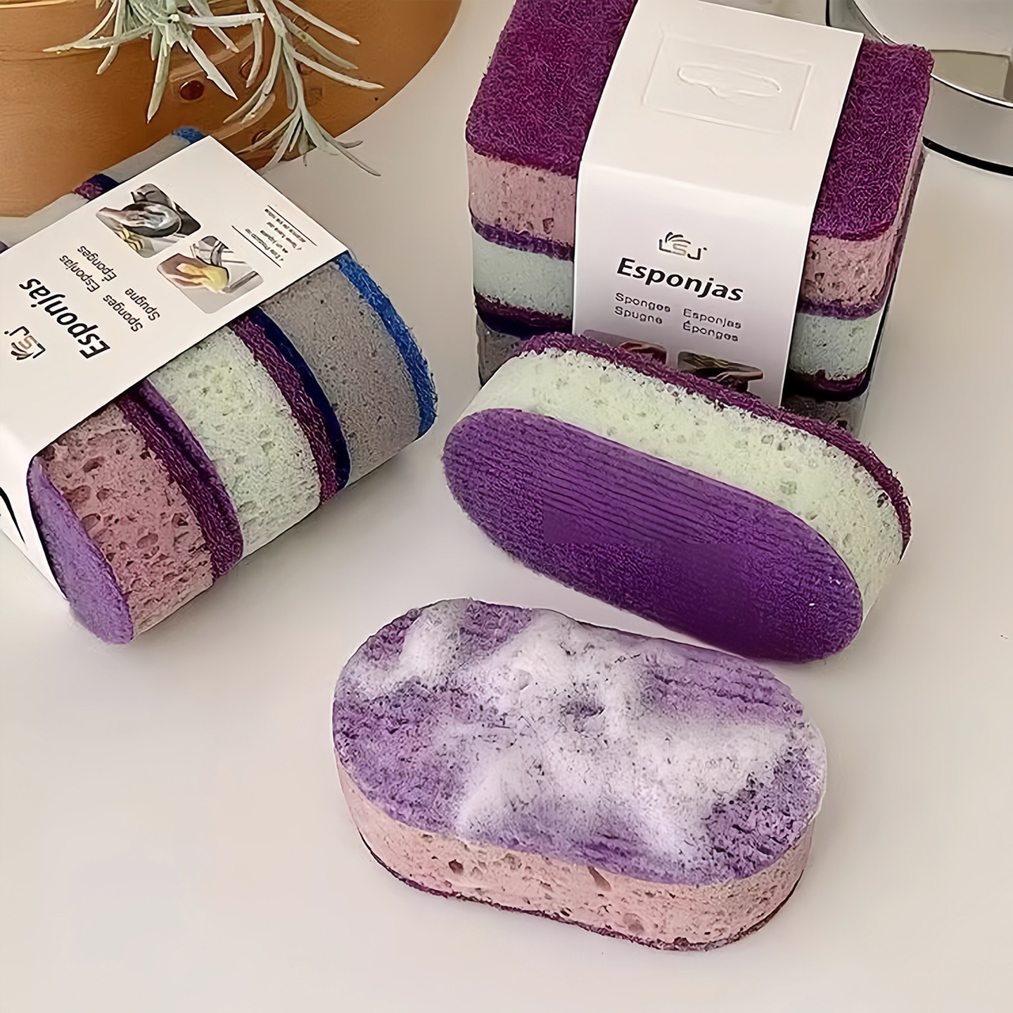 Thickened High density  Color coated Non stick Pan Double sided Kitchen Dish washing Scouring Pad And Sponge Brush