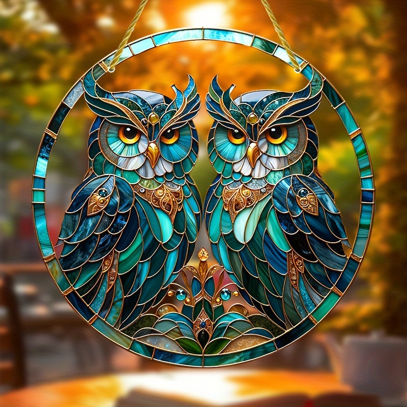 Title 1, Green Owl Tracery Sun Catcher Acrylic Flat Disc...