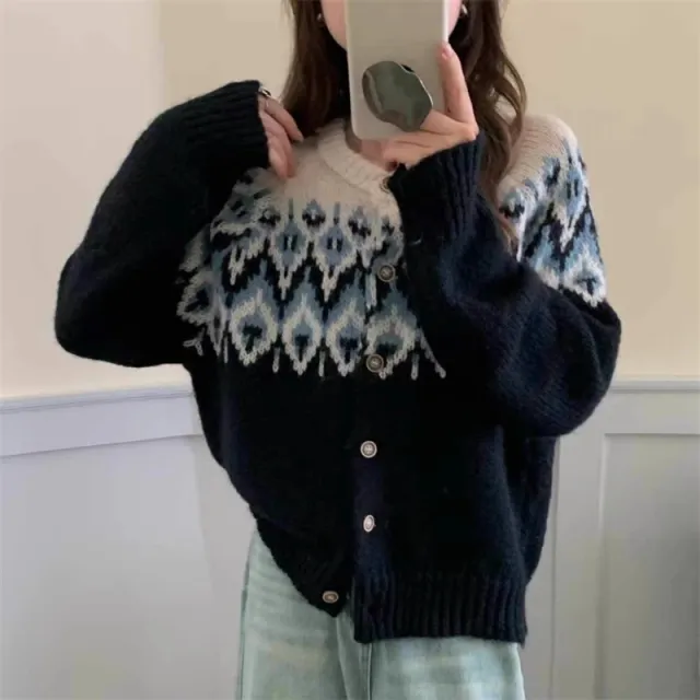 Jacquard Knitted Cardigan Women's Sweater Black - Shop at LoveMi