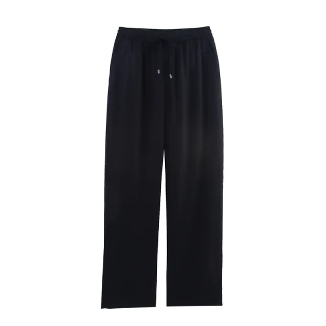 European And American Style Design Linen Blended Straight leg Pants Black - Shop at LoveMi