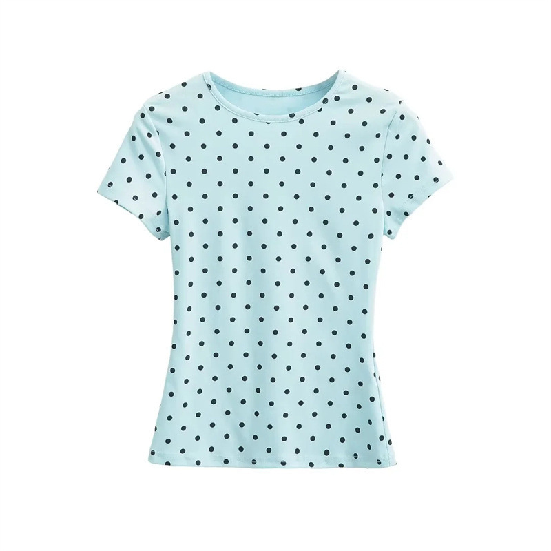 Slim Fit Round Neck Shoulder Polka Dot Short Sleeve Youthful-looking Waist Trimming Short Top