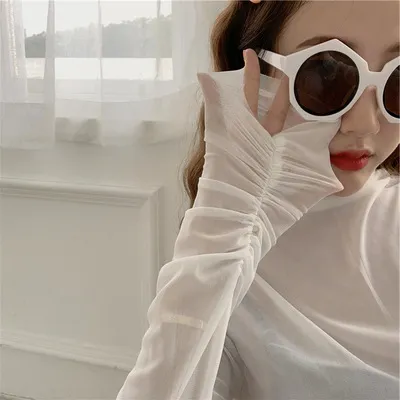 Mesh Bottoming Shirt Candy Color Cascading Collar Long Sleeve T shirt White - Shop at LoveMi