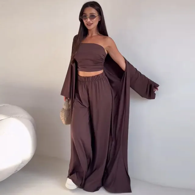 Casual Mid calf Top Vest Long Cardigan Wide leg Pants Three piece Set Dark Brown - Shop at LoveMi