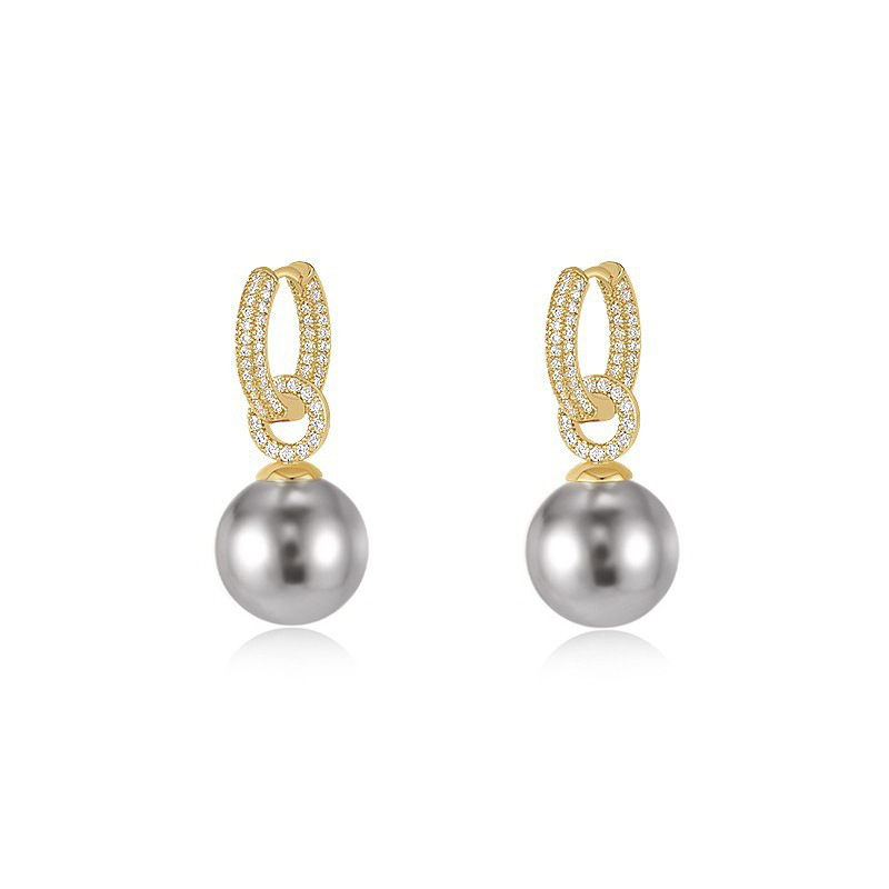 Inlaid Zircon Gray Pearl Earrings Detachable Round Shell Pearls