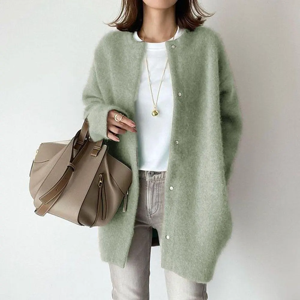 Loose Round Neck Single Breasted Cardigan Fashion Solid Color